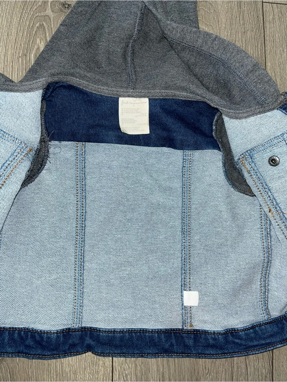 First Impressions Blue Denim Jacket with Gray Hoodie and Sleeves